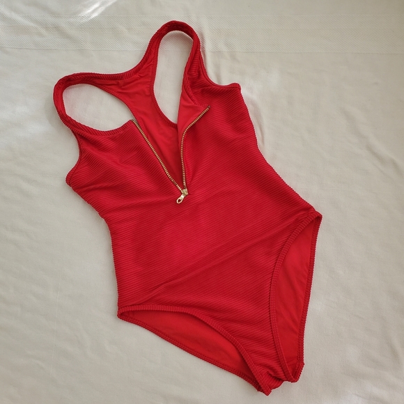 Heidi Klein red one piece swim suit size Medium gold zipper ribbed fabric lined - Picture 11 of 16